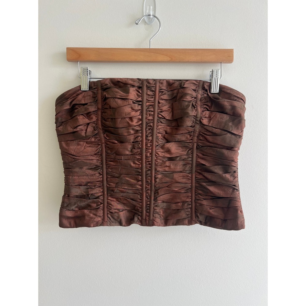 Carmen Marc Valvo Sz 10 Bronze Metallic Corset Bustier Top Y2K 90s Ruched Silk
